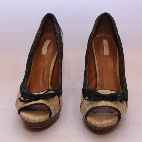 ZARA Peep Toe Canvas Pumps Heels Navy Cream Nautical Style Vintage Sz 37 US 6.5 - Picture 2 of 14